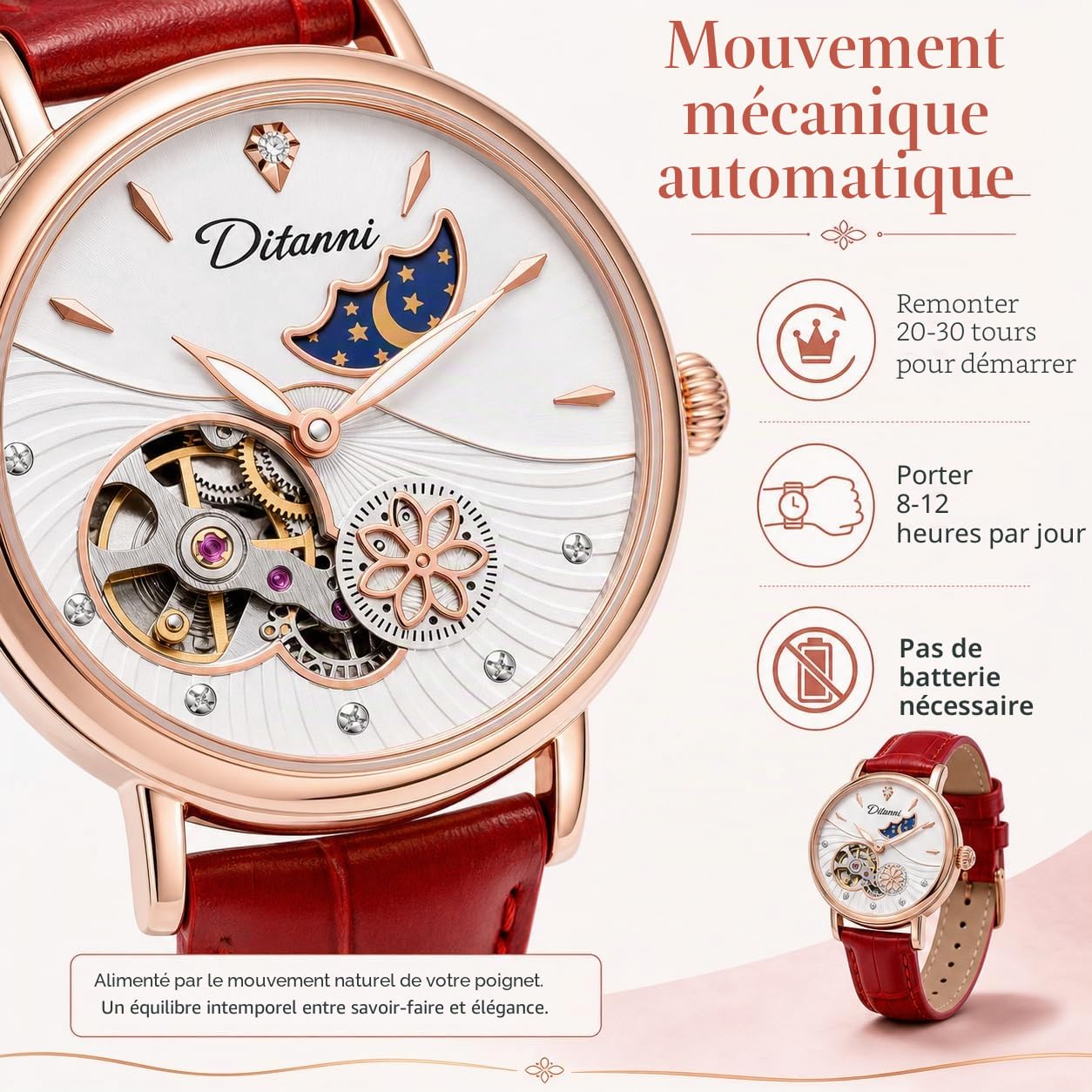 Montre mécanique automatique pour femme en acier inoxydable avec cadran à phases de lune et bracelet en cuir étanche