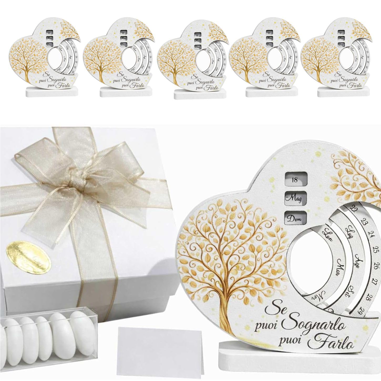 Regalami Set 5 Bomboniere Calendario Perpetuo Albero della Vita – Calendario Infinito con Ruote Girevoli 12x12 cm – Bomboniera Completa (5, Rotondo)