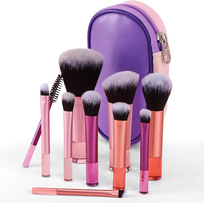 Travel Makeup Brush Set, 10Pcs Mini Makeup Brushes with Pouch Portable ON THE GO Makeup Brushes Travel Set, Easy-taken Full Complete Function Cosmetic Brushes for Flawless Makeup Looks