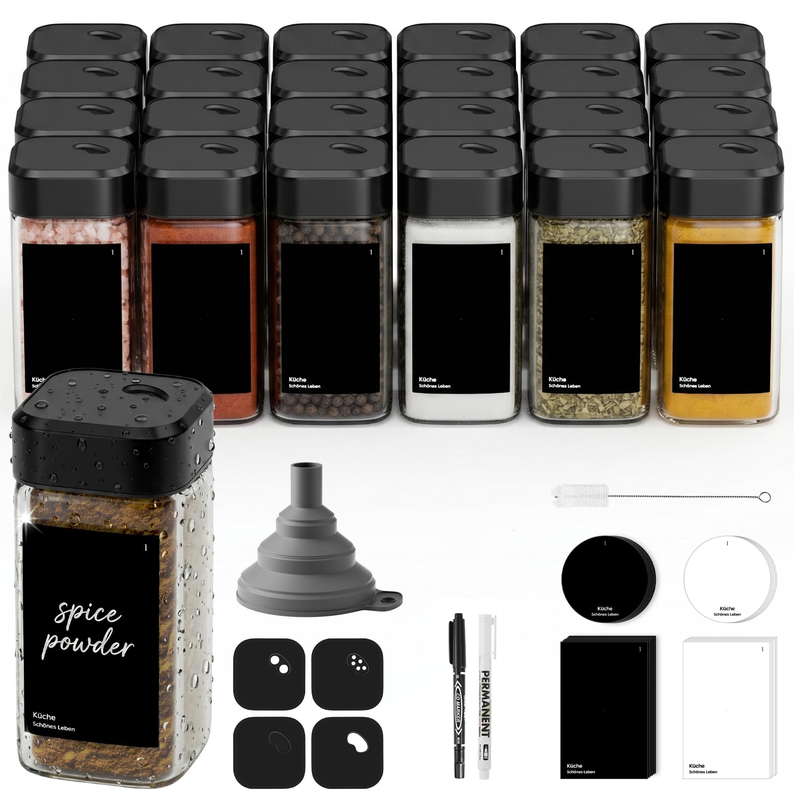 Lot de 24 pots à épices carrés avec couvercle en bois avec étagère en bois [24 x 120 ml] – Étagère à épices avec boîtes à épices – Organiseur à épices – Épices en verre avec étiquettes