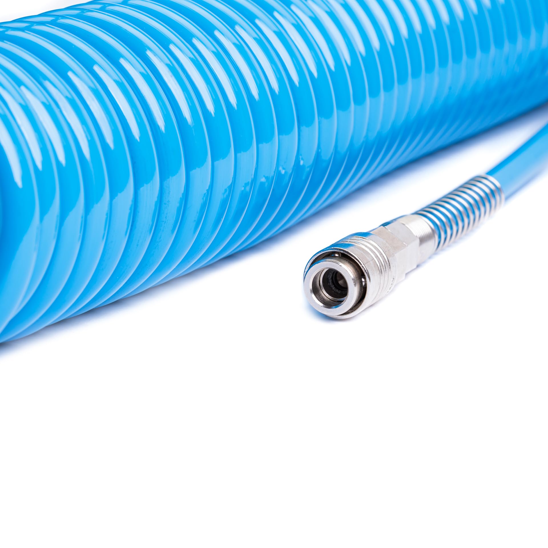 Tubo en espiral de poliuretano PU Ø 8 x 12 mm longitud 15 m con empalmes de conexión rápida. Con terminales 10+30 cm
