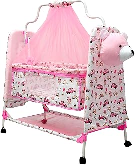 BABYBLESSING Baby Cradle with Swing and Mosquito Net | with Swing Lock | Foldable | Sturdy and Safe | Durable | with Mosquito Net & Pillow | Jhulla | Baby Swing | 0-15 Months | Pink