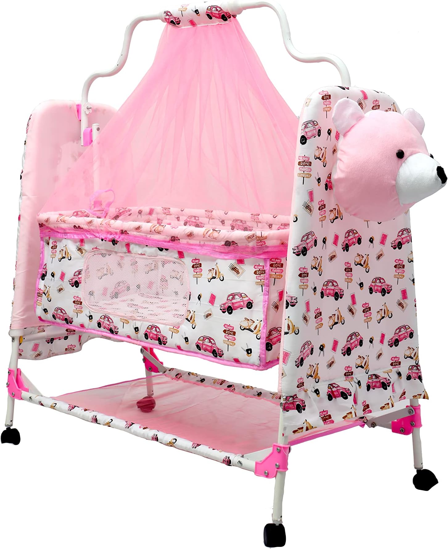 BABYBLESSING Metal Baby Cradle With Swing And Mosquito Net | With Swing Lock | Foldable | Sturdy And Safe | Durable | With Mosquito Net & Pillow | Jhulla | Baby Swing | 0-15 Months | Pink