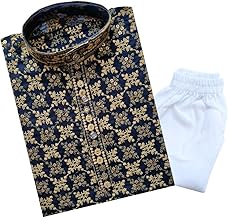 TinySteps Boys' Ethnic Wear – Cotton Lakhnavi Chikan Kurta with Golden Sequence Work and Elastic Waist White Cotton Pajama – Festive & Wedding Outfit