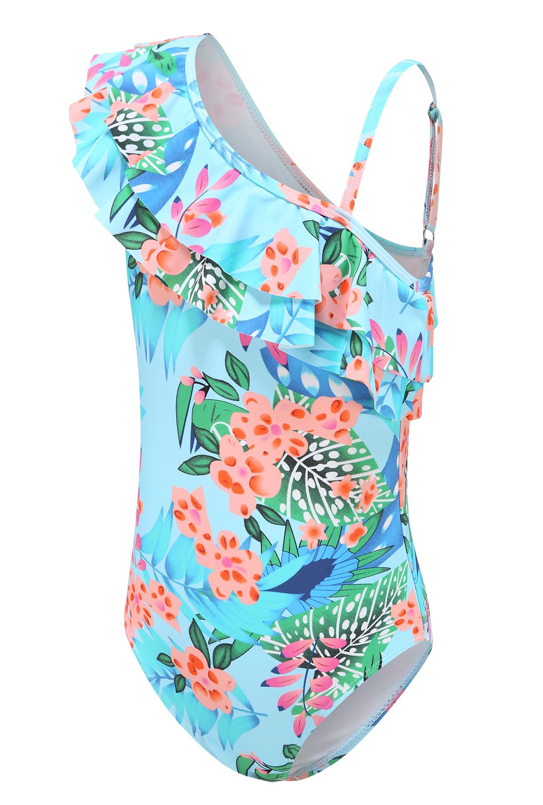 Aisyee Badeanzug Mädchen Kinder Einteiliger Bademode Teenager Mädchen Hawaiian Rüschen Floral Eine Schulter Badeanzug 92 164/3-16 Jahre