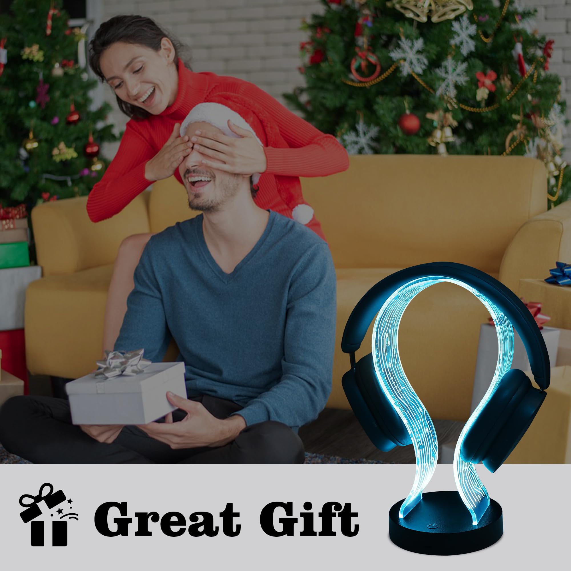Ammonite Light Up Headphone Stand, 16 Farbe leuchtet Gaming Schreibtisch Accessoire mit 1 USB-Ladeanschluss und 1 Typ-C-Ladeanschlüsse, USB-Power und PCB-Muster, Geschenke für Gamer Freund Junge Mann
