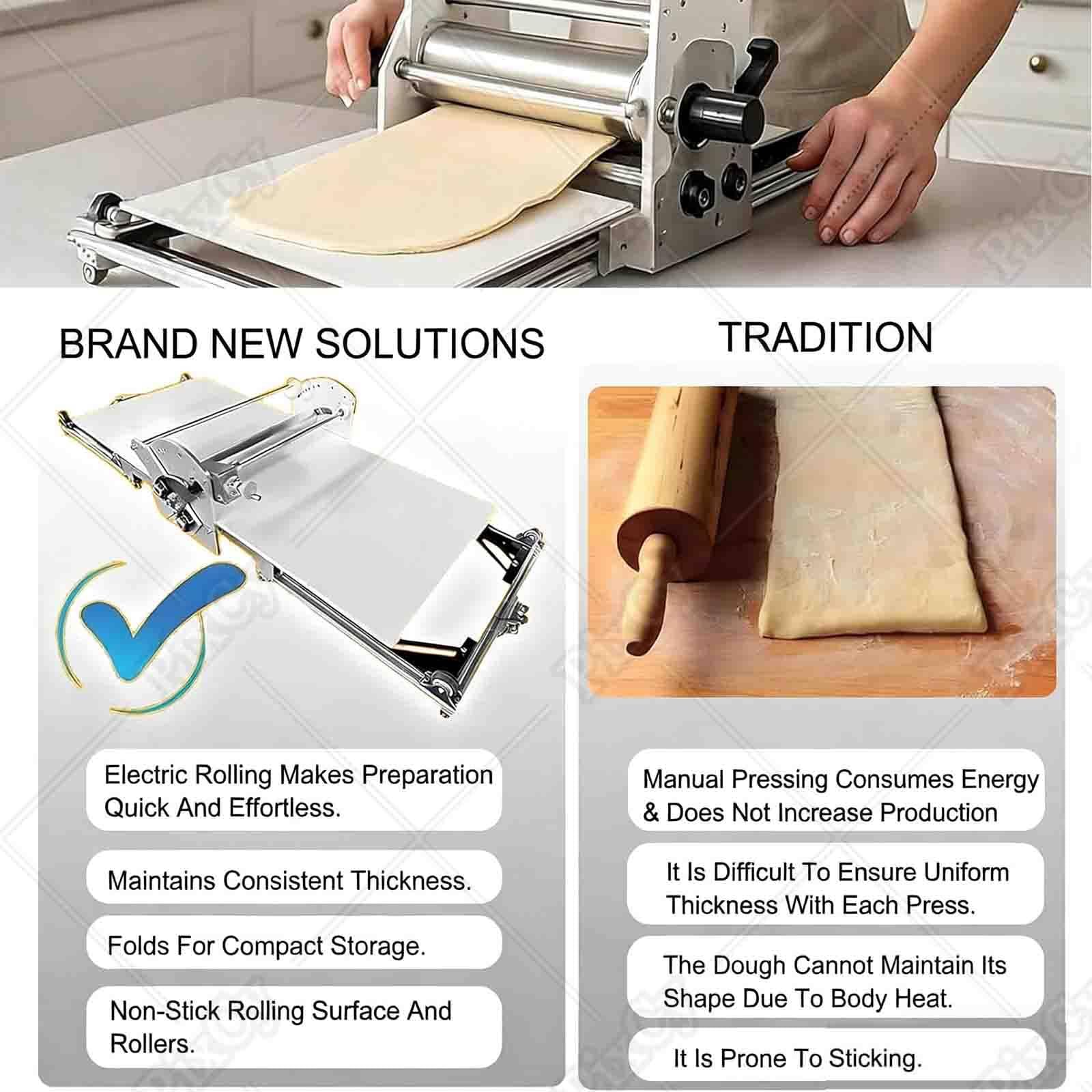 PixCy Sfogliatrice Elettrico Pieghevole in Acciaio Inox,Larghezza di Pressatura 450 mm,Spessore Regolabile 2-30mm,Multiuso per Pizza,Croissant e Pasta Fresca - Compatta e Risparmio Spazio