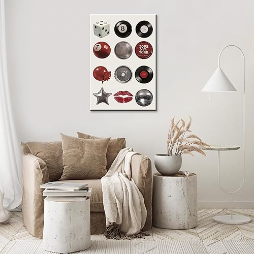 Miniatura 7 de Trendy Lucky Me - Lienzo de 8 bolas, arte de pared, diseño retro de bola de discoteca con labios rojos funky, póster musical moderno, minimalista,