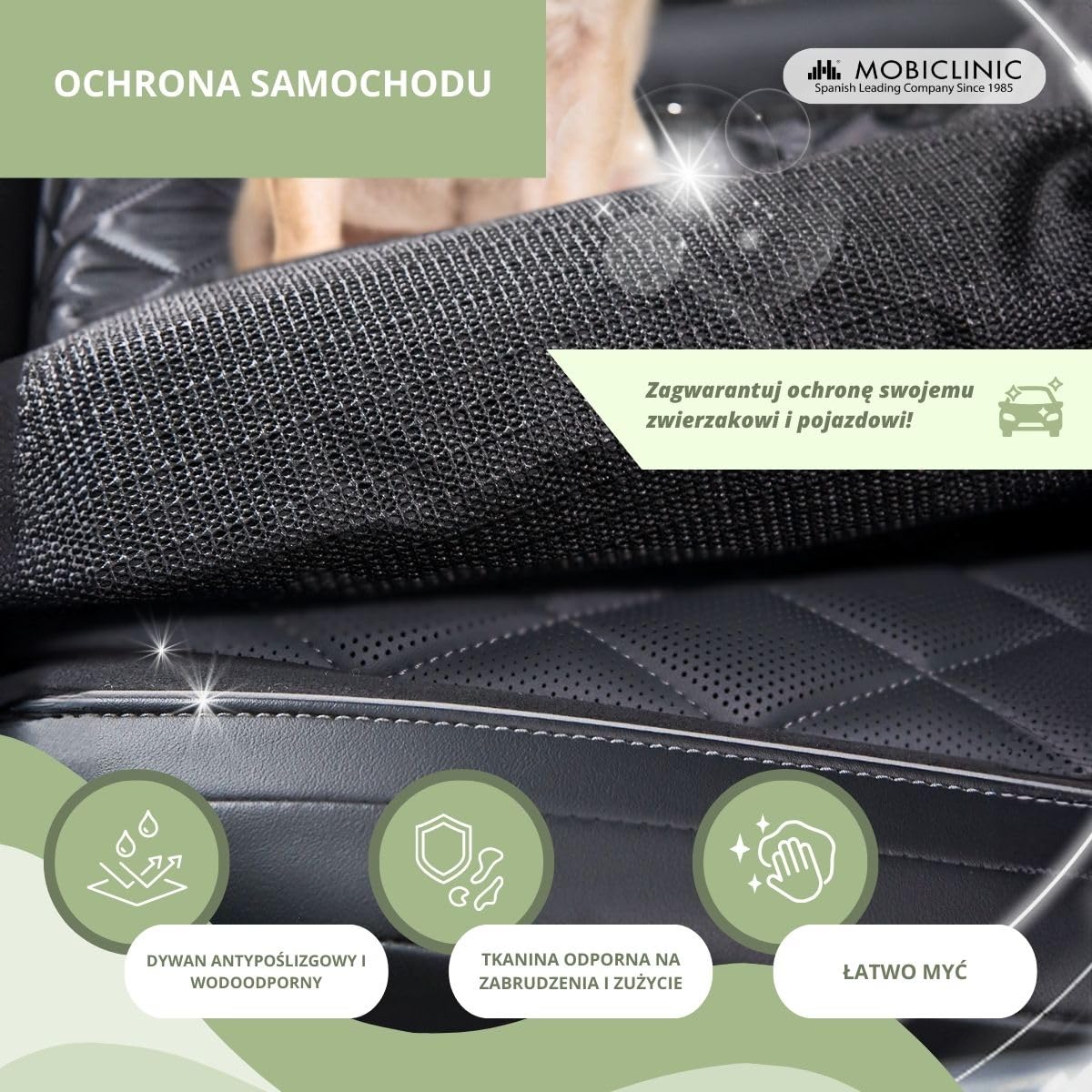 Mobiclinic® pets, Pokrowiec na fotel samochodowy dla psów, Sammy, Uniwersalny, Antypoślizgowy, Wodoodporny, Kieszeń boczna, Regulowane paski, Niskie składanie, Torba transportowa, Do bagażnika