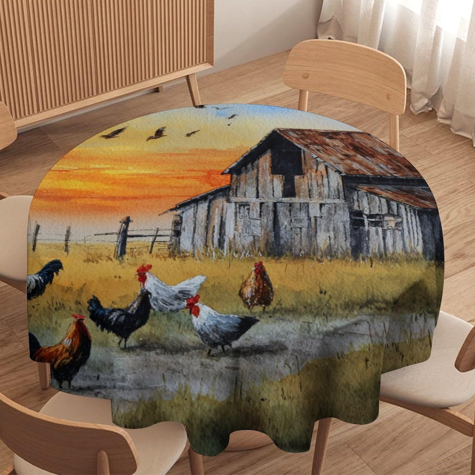 Luyysky Classic Vintage Farm Chickens Waterproof Round Tablecloth Rustic Western Sunset Log Cabin Animal Rooster Birds Washable Table Cover For Kitchen-177.8" Wx177.8 L Cm