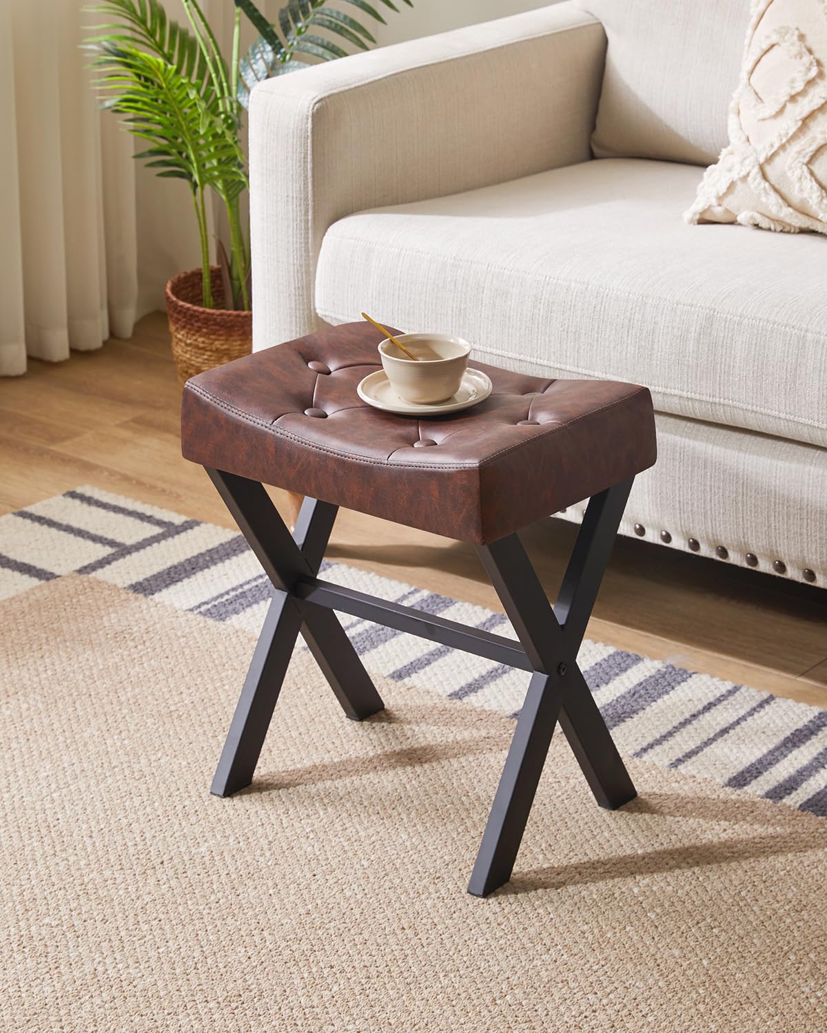 IBUYKE Tabouret de vanité PU, Chaise de Maquillage, Marron foncé WBD019Z | Square Ottoman Seat Footrest Multi-Use Petite Table latérale Chambre à coucher Salon