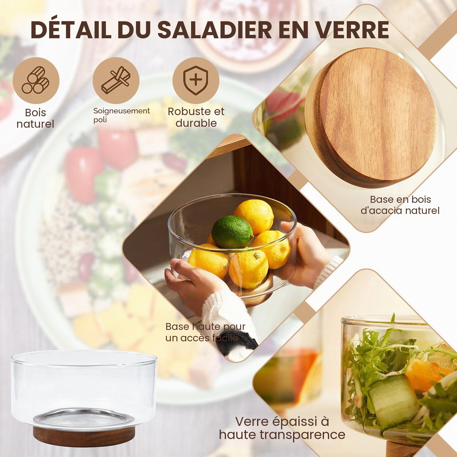 Saladier en Verre avec 2 Pince à Salade en Bois, Grand Saladier de 3,7 L Saladiers en Verre avec Base en Bois, Plat de Service Transparent Polyvalent Bol en Verre pour Salade Fruits Pâtes