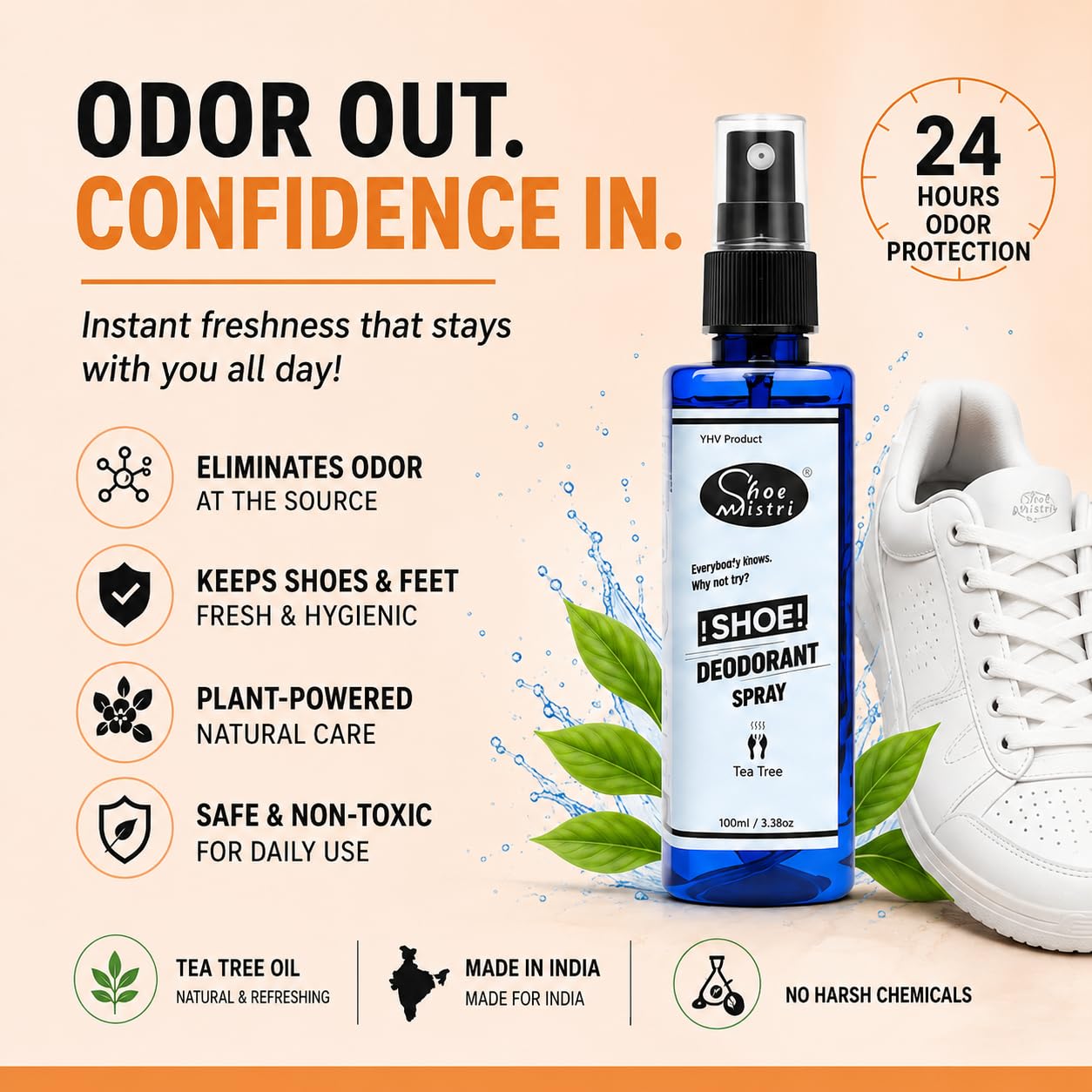 Shoe Mistri Foot and Shoe Deodorant Spray with Essential Oils(Lemon and Green Tea Oil), Odour Eliminator | Shoe Deodorizer, Shoe Odour Remover, Shoe Odour Spray (100ML) (Tea Tree) 3