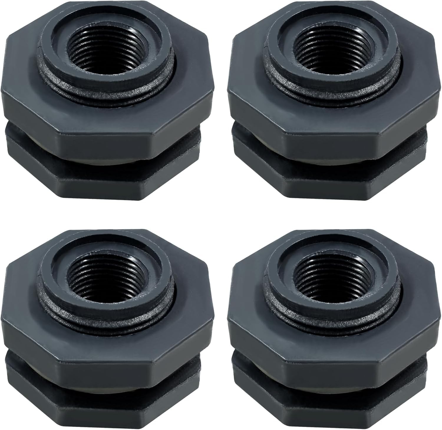 4pcs NPT1/2 PVC Bulkhead Fitting, 1/2 Inch Plastic Water Tank Connector Threaded Thru-Bulk Pipe Fittings for Rain Barrels, Aquariums, Bucket Hose Adapter, Ponds, Pools