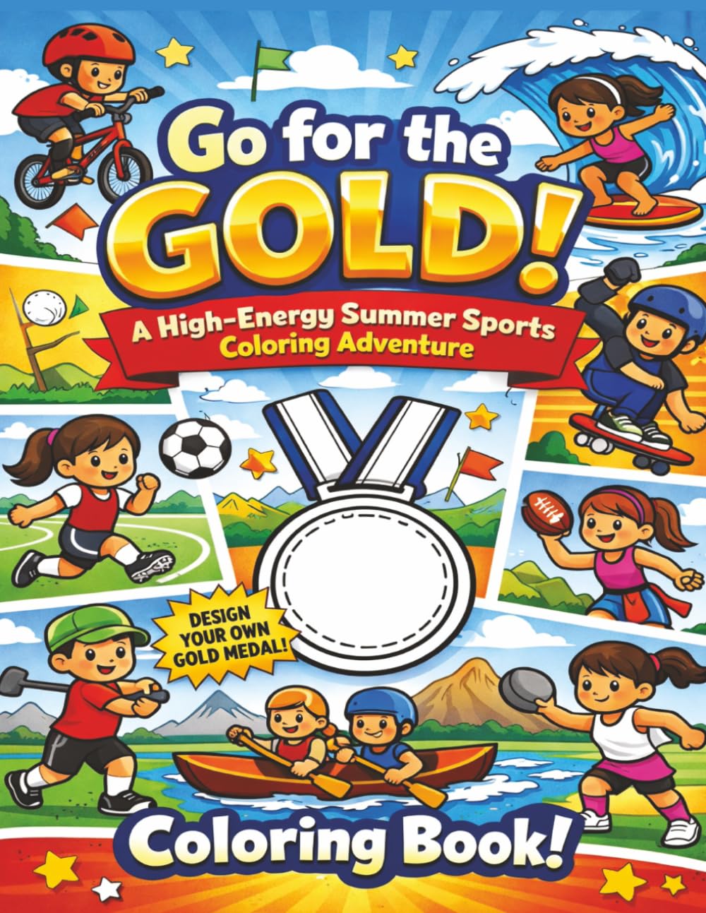 Go for the Gold!: A High Energy Summer Sports Coloring Adventure | A Bold Lined Coloring Book for Kids Ages 4-8 Featuring Soccer, Gymnastics, Tennis, ... Great for Home, Travel and Screen Free Time!