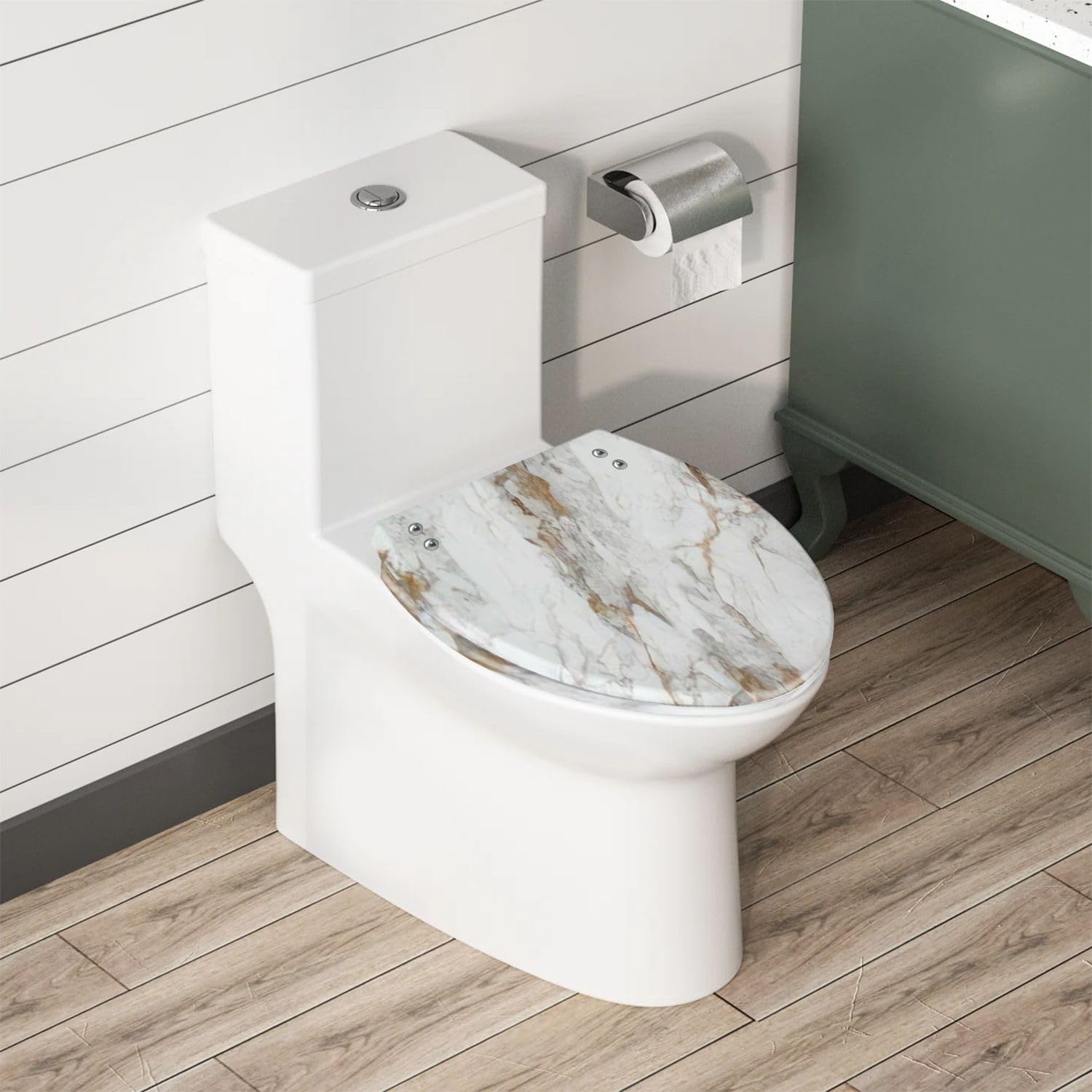 Elongated Toilet Seat Smooth White Marble Texture Golden Marble Texture Resin Toilet Seat with Quietly Close Quick Release Hinges Decorative Toilet Seat with Cover Easy to Clean and Install