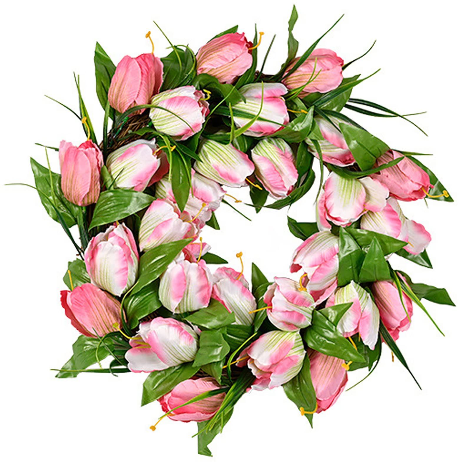 Couronne de Noël artificielle avec vigne tulipes rose et feuillage floqué givré