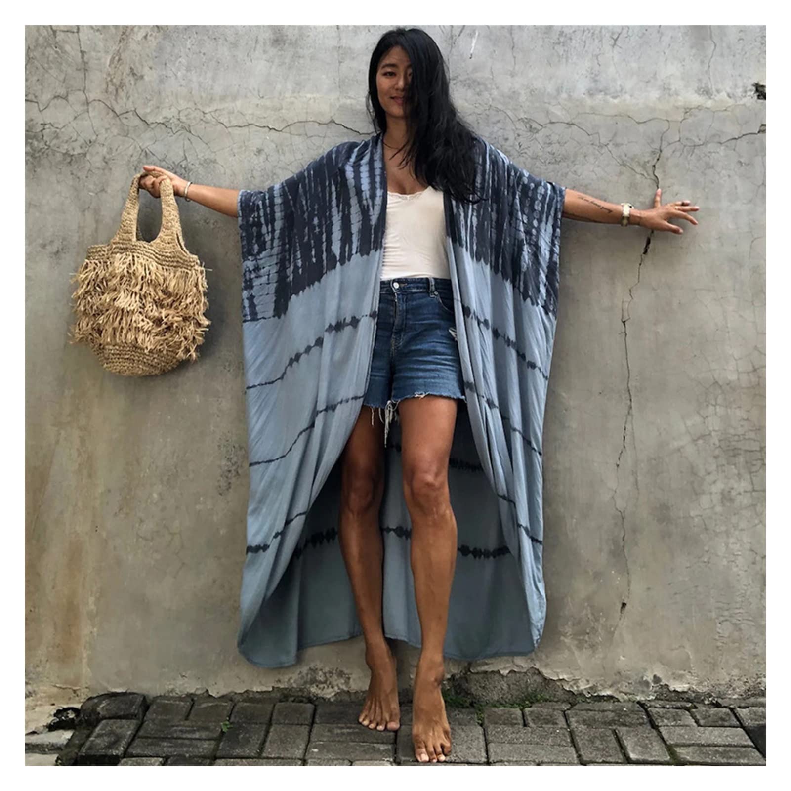 Copricostume da Spiaggia for Costumi da Bagno Donna Kimono Nero Tie-Dye Costume da Bagno Mantello Abito Estivo Abiti da Spiaggia (Color : Gray Stripe Cover up, Size : One Size)