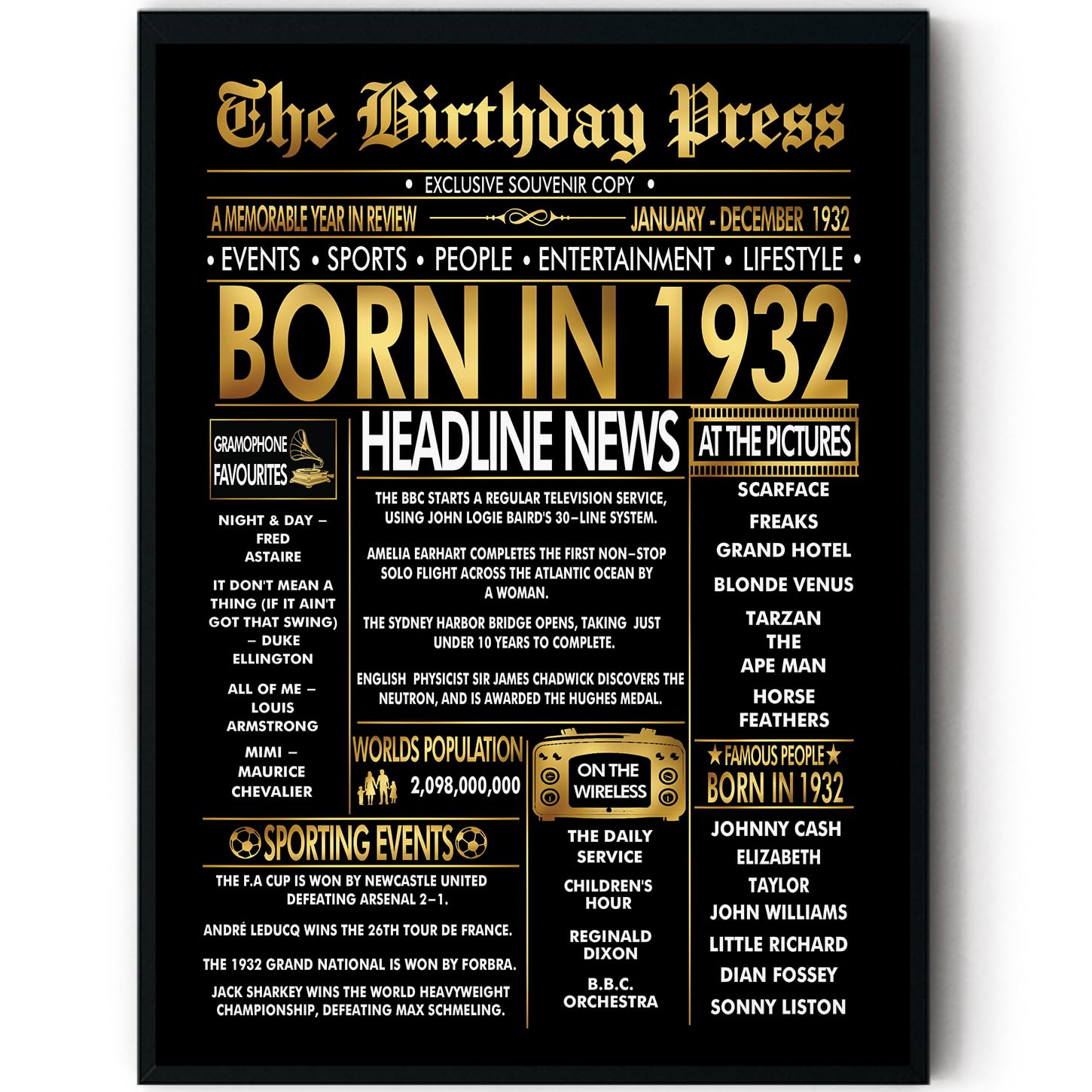 Stuff4 Men's 1932 Gold 94Th Birthday Poster Framed - Golden Born In Newspaper - Happy 94 Birthday For Wo Retro Vintage Gifts Back In 8X10 Inch Bday Party Decor Decoration