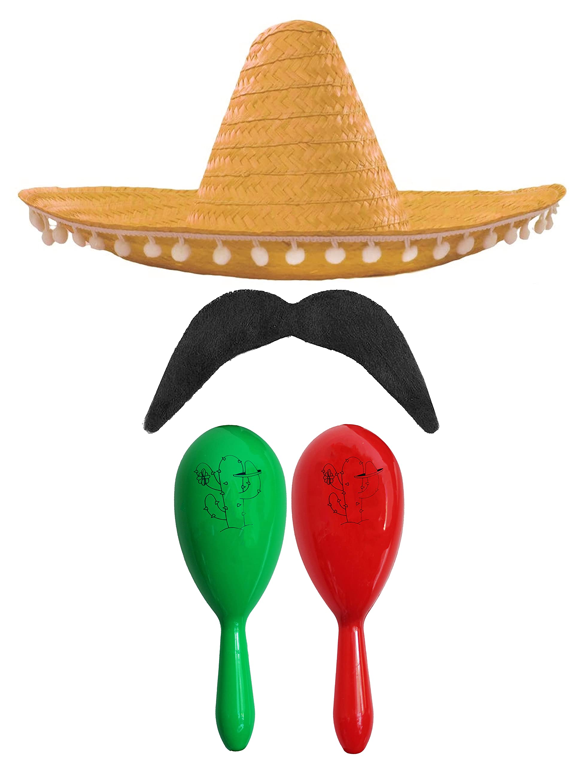 Adults Mexican Accessory Set - Natural Mexican Sombrero, Green & Red Maracas, Moustache - Mexican Cinco de Mayo Sensorita Bandit Mariachi Fancy Dress Costume Accessory Set