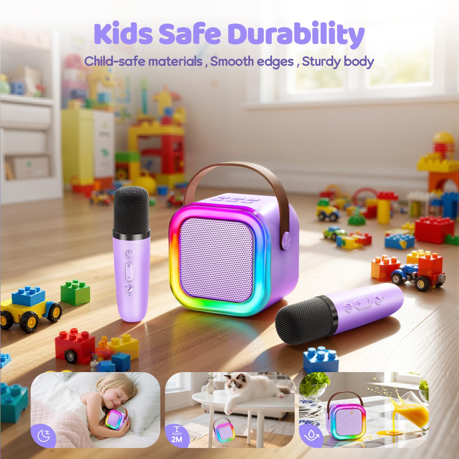 Minimáquina de karaoke para niños, regalo de cumpleaños popular de 2025, juguete para niñas y niños de 3 a 12 años o más, altavoz Bluetooth portátil con 2 micrófonos inalámbricos, morado 7