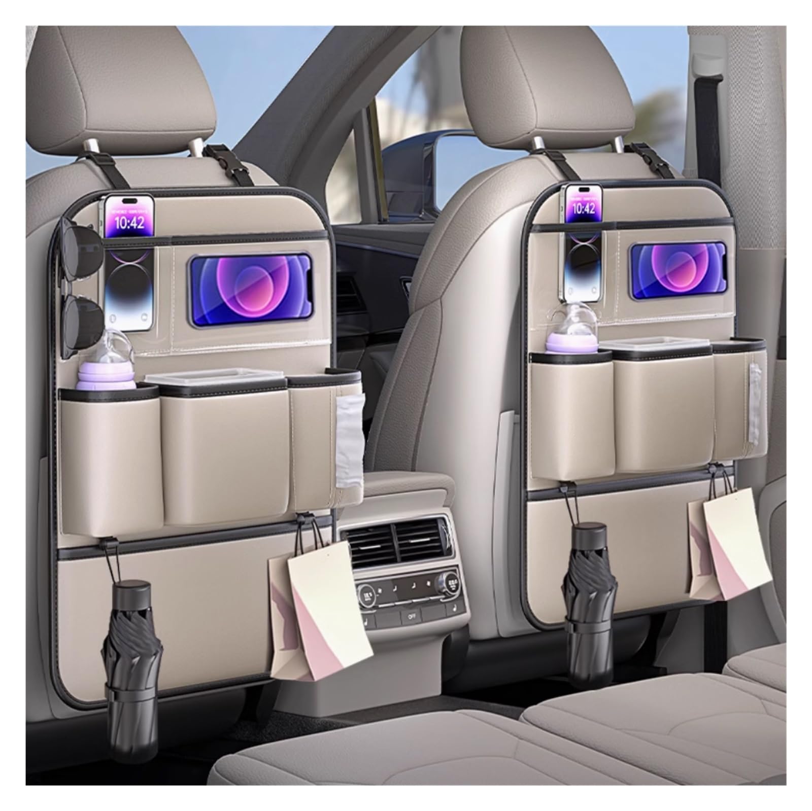 Organizador Asiento Trasero Coche para Benz C-Class 2022-2026, Protector Antipatadas para El Asiento Trasero, Almacenamiento para Tabletas Impermeable(Beige,Two)