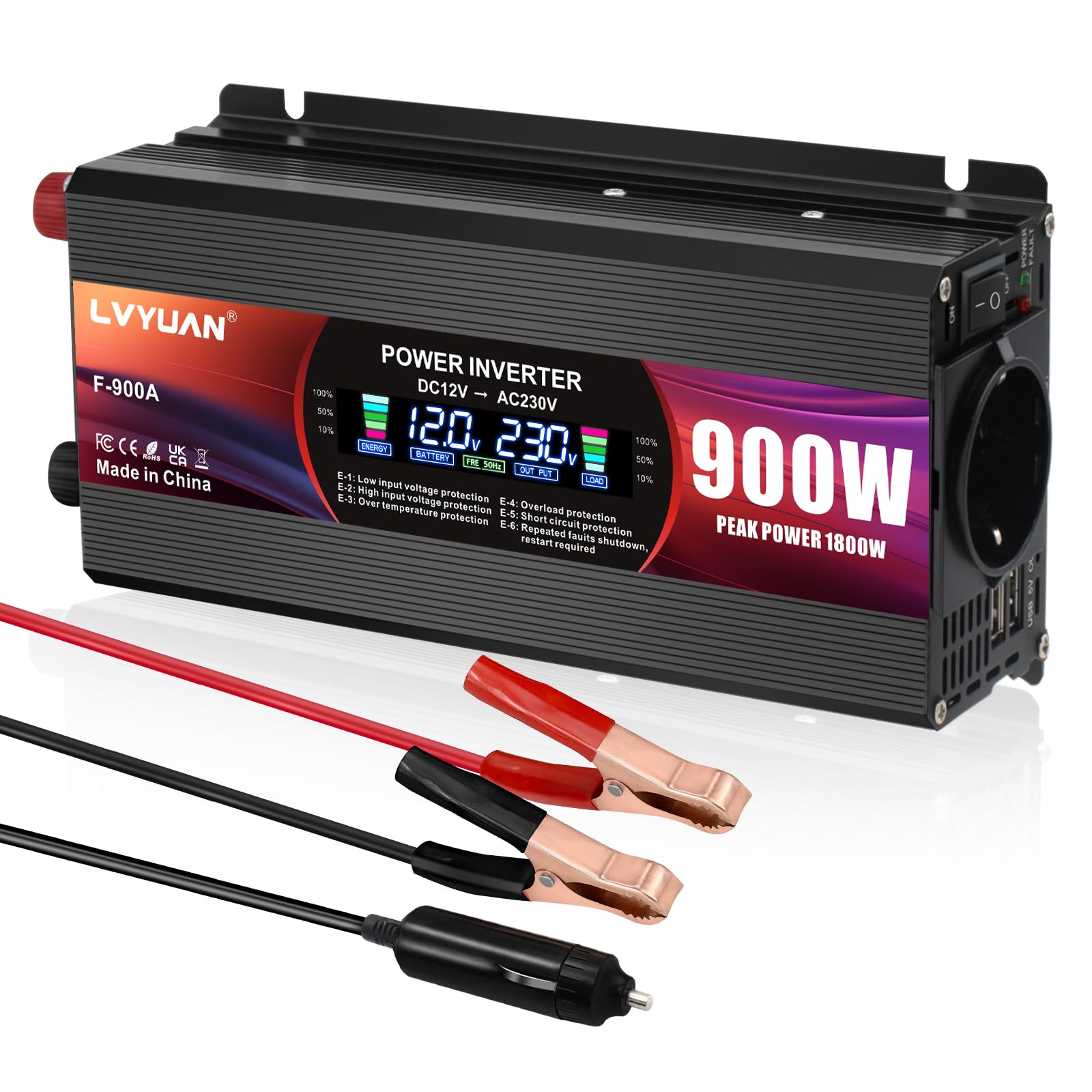 LVYUAN Convertisseur de Tension 12V 220V 900W Onduleur avec Prises UE, 2 USB, Clip Alligator, Allume-Cigare et écran LCD Inverter Peak 1800W