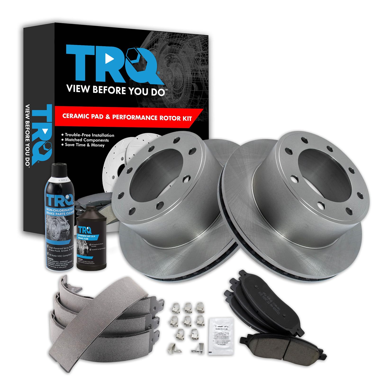 TRQ Rear Brake Pad &amp; Rotor Kit, with Chemical Kit Parking Brake Shoe Set Ceramic Compatible with 2005-2007 Ford F-250 Super Duty F-350 Super Duty