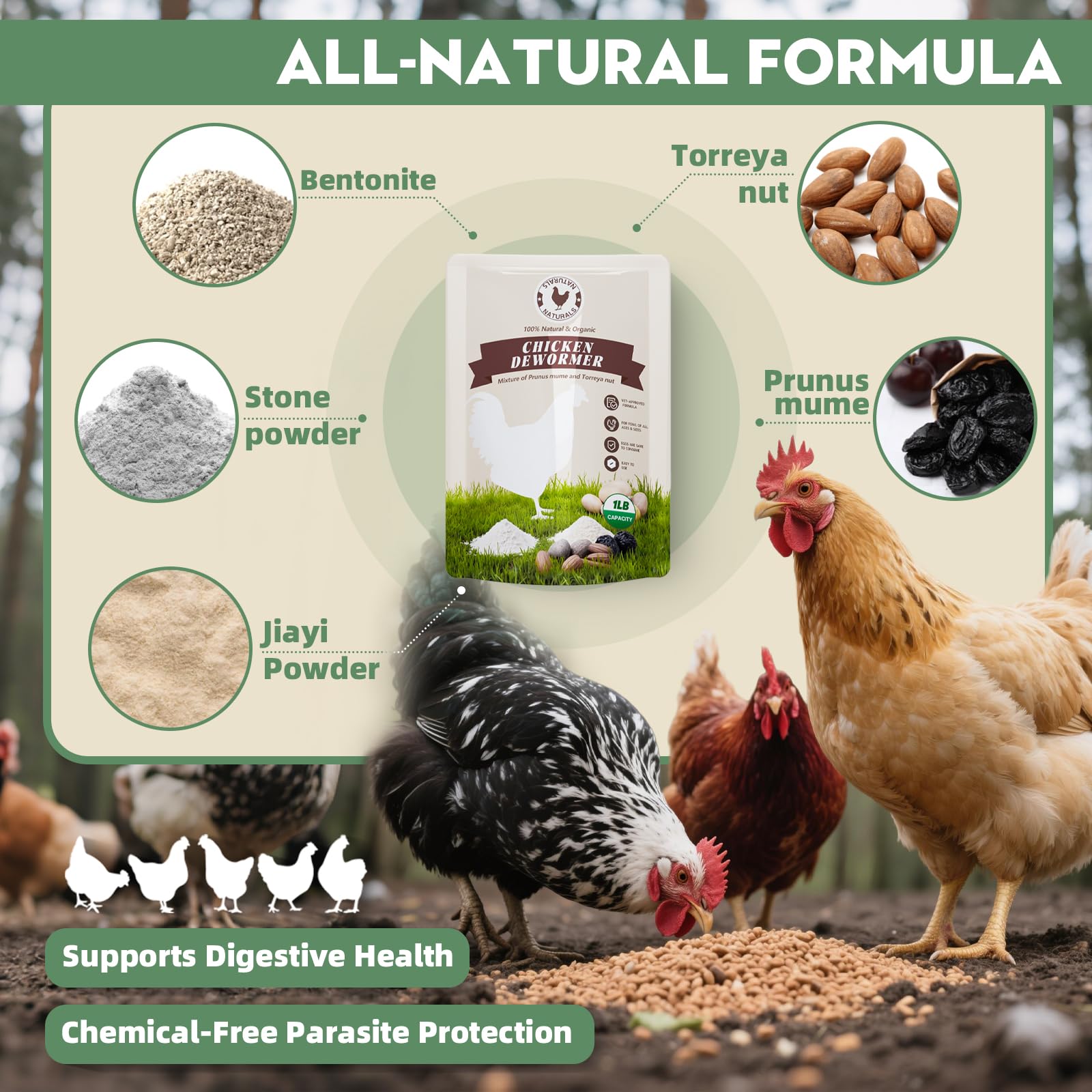 KELPFU Chicken Dewormer Powder, All-Natural Health Formula, 1LB Pouch,Safe for Eggs, Effective for All Ages & Sizes, Chicken Wormer, Poultry Medicine Supplies (1, Pounds)