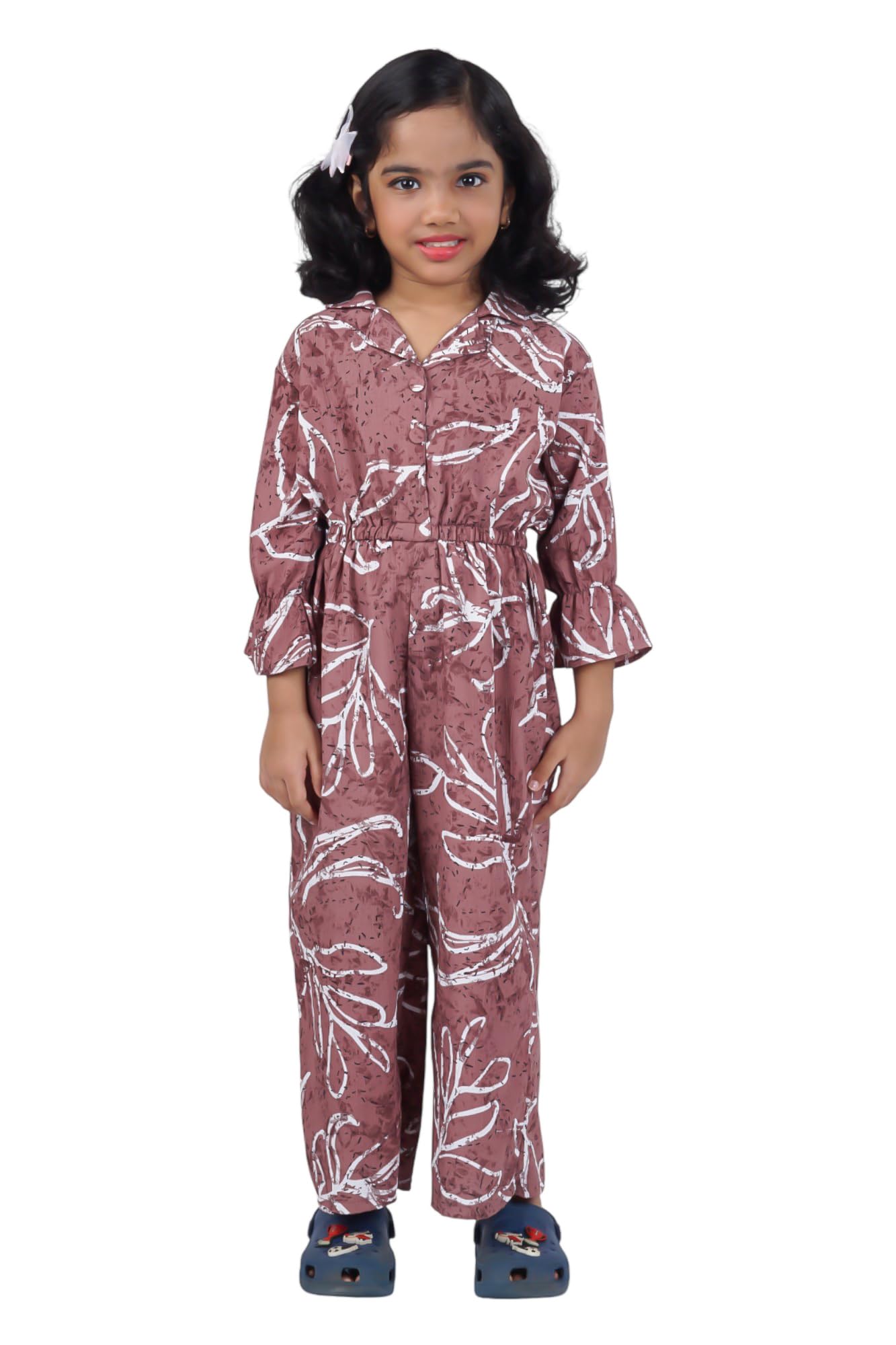 zyrix Gitrl's Pink Floral Printed Long Sleeve Polo Neck Catton Blend Jumpsuit For Summer-picture-11