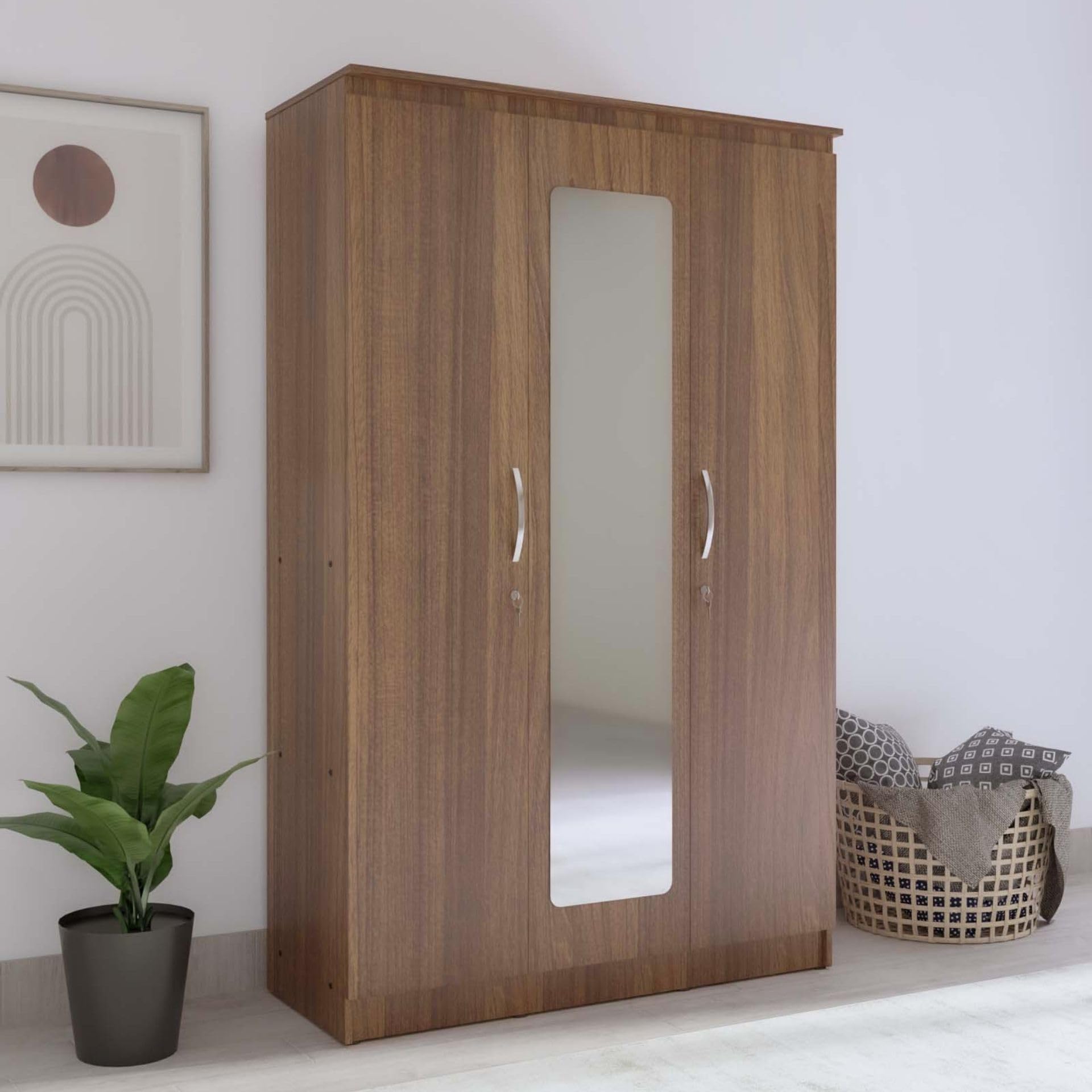 NEUDOT PICO Engineered Wood 3 Door Wardrobe (Finish Color - Teak, Mirror Included, Knock Down)
