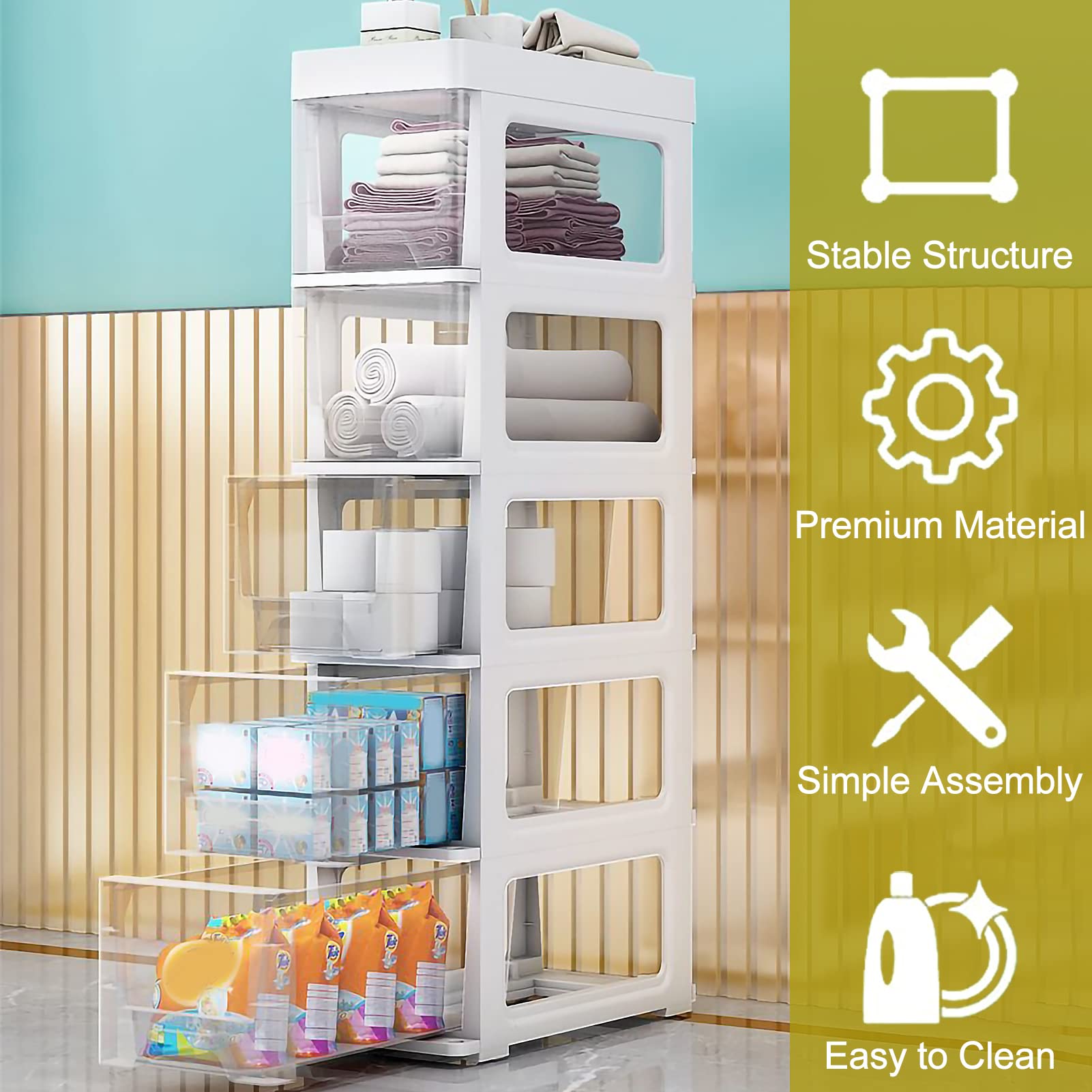 Cajones de almacenamiento apilables Gabinete de almacenamiento de piso de baño, 18 cm (7 pulgadas) Gabinete de almacenamiento de Papel higiénico Delgado de plástico indep