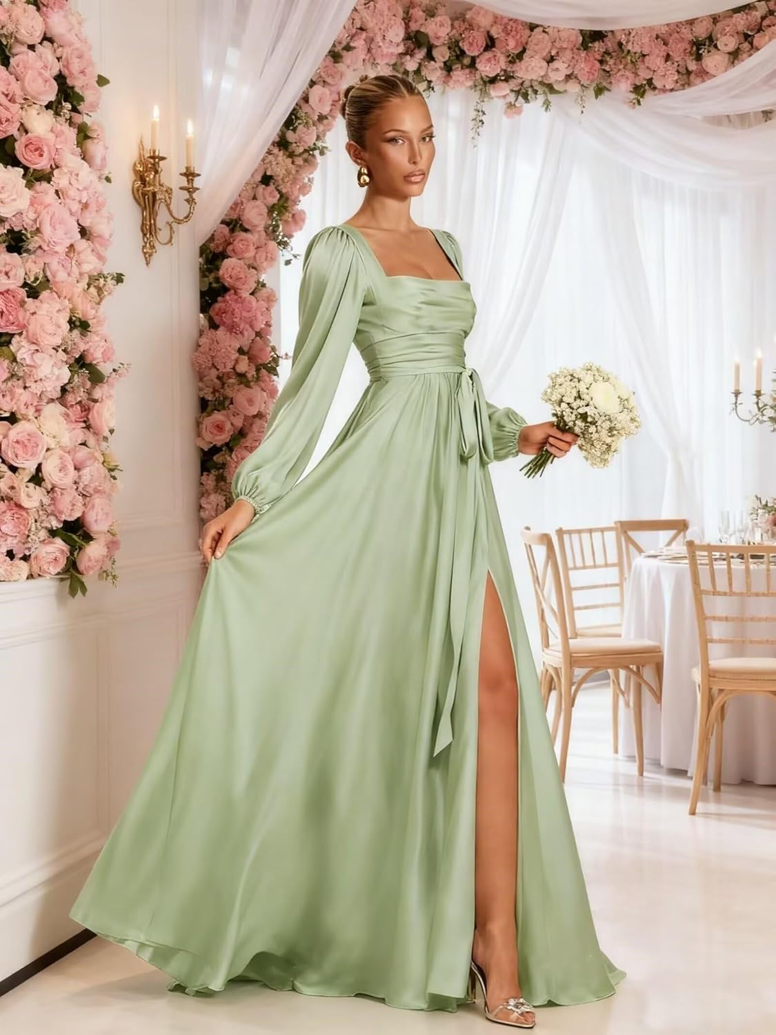 Satin Bridesmaid Dresses with Slit Long Sleeve Square Neck Wedding Guest Dress A Line Formal Party Gowns