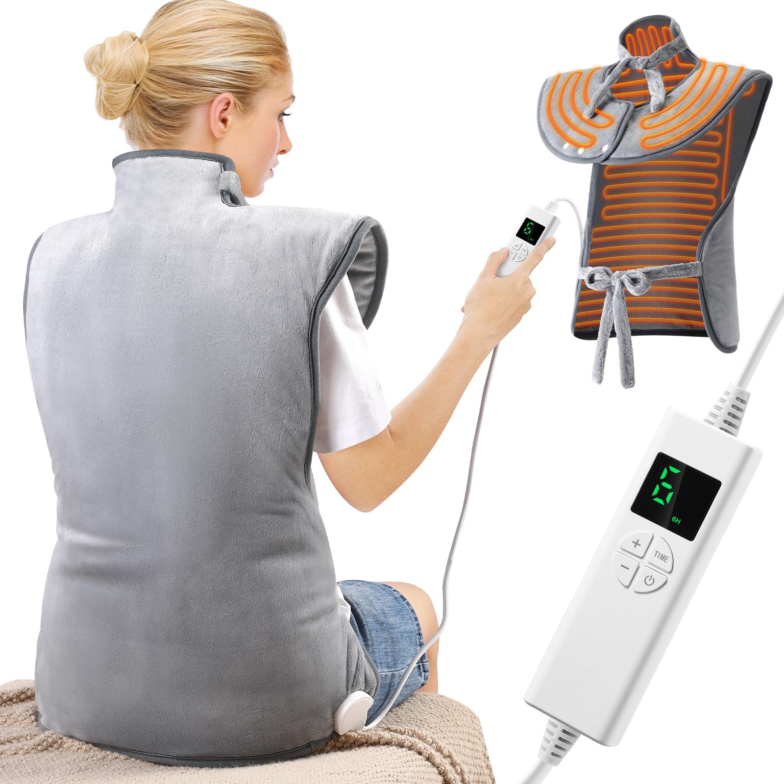 Termoforo Elettrico Cervicalee Spalle, Schiena, Cuscino Elettrico Riscaldante 61x94cm Con timer di 4 ore e 6 Livelli di Riscaldamento Spegnimento Automatico,Lavabile Termoforo Lombare Ricaricabile