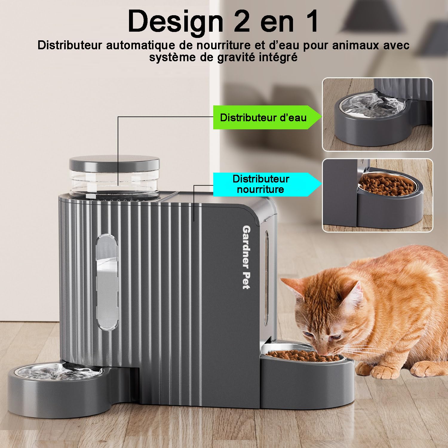 Gardner Pet 2-en-1 Distributeur Croquettes Chat Automatique 3L*2, Distributeur Eau Chat et Chien par Gravité, Mangeoire avec Gamelle Acier Inoxydable, sans BPA, Angle Réglable,Non Électrique, Gris