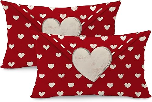DFXSZ Juego de 2 fundas de almohada para el día de San Valentín de 12 x 20 pulgadas, decoración de corazones blancos, fundas de almohada rojas para