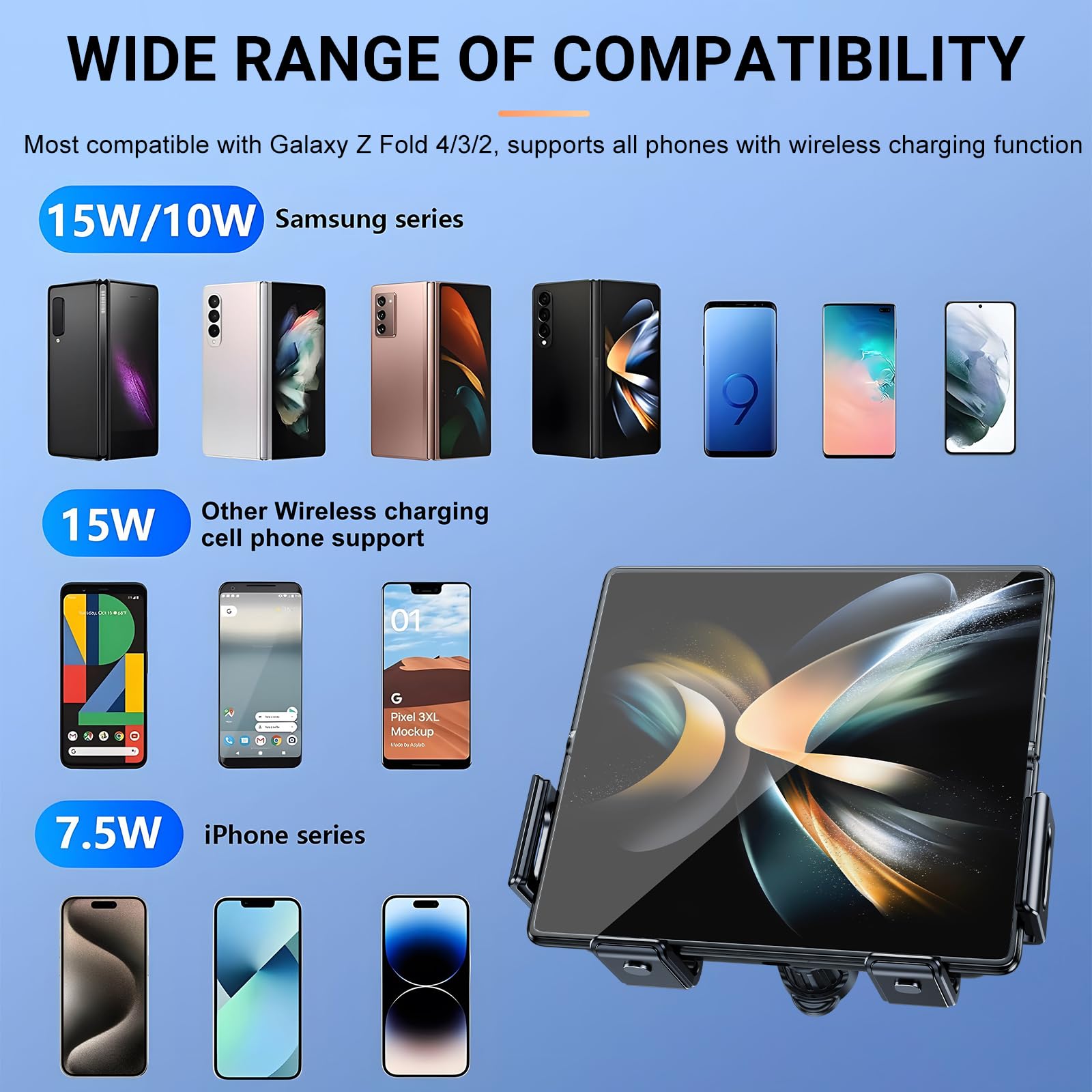 Caricabatteria da auto senza fili con sensore rapido, doppia bobina, supporto per telefono girevole automatico per Samsung Galaxy Z Fold 5/Z Fold 4/3/2 Oppo Find N2