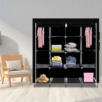 67 Portable Clothes Closet Wardrobe,Clothes Closet Portable Wardrobe Clothes Storage Rack with 12 Shelves 4 Side Pockets,Easy to Assemble Extra Strong and Durable (Black)