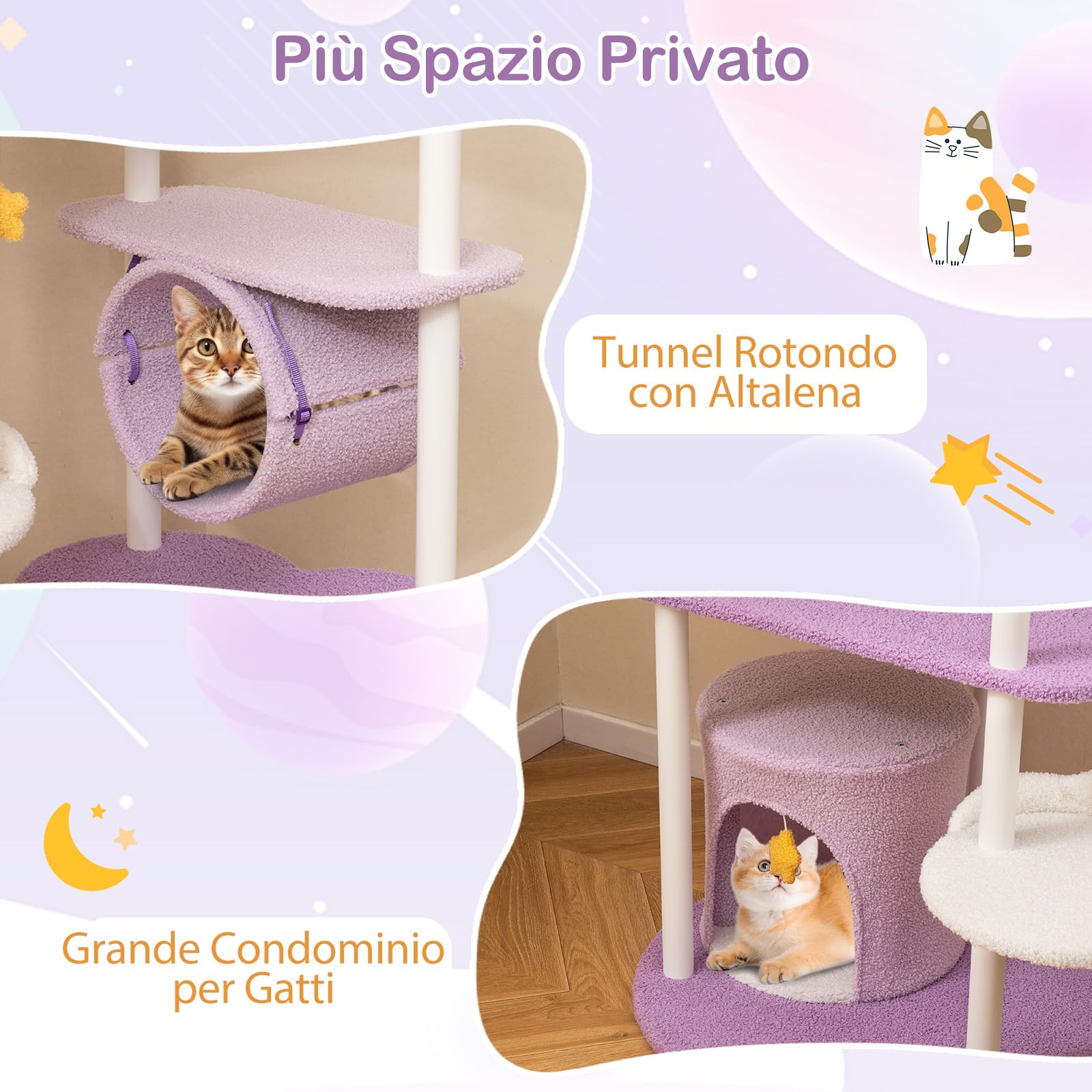 GYMAX Albero per Gatti, 60 x 60 x 158 cm, Torre Tiragraffi per Gatti Grandi Medi Piccoli, Piattaforma per Saltare, Giochi Appesi, Tunnel, Casetta, Struttura, Metallica Robusta