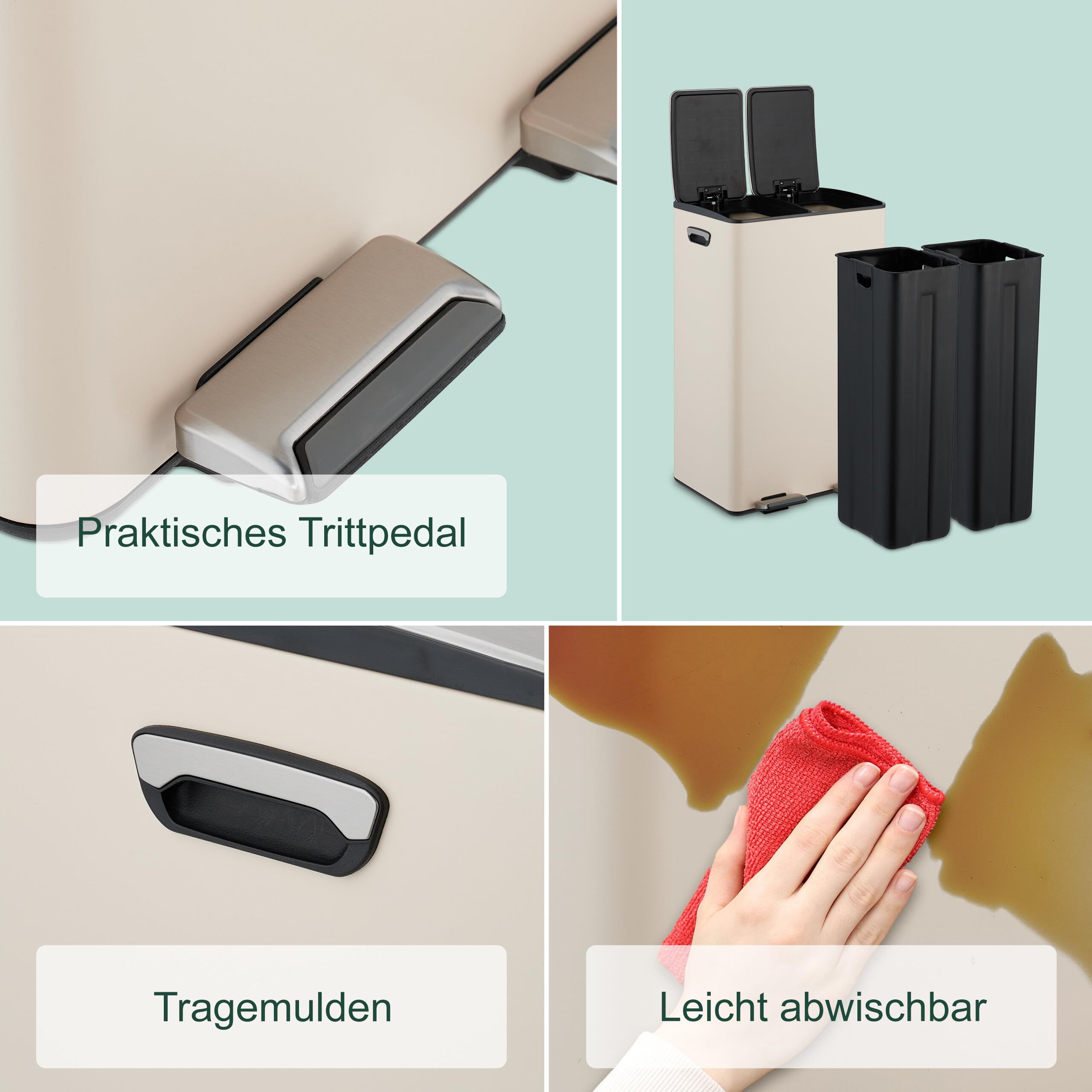 Relaxdays Mülleimer, 2 Fächer, je 30 Liter, entnehmbare Inneneimer, Fußpedal, Küche, Tretmülleimer, Eisen, beige/silber