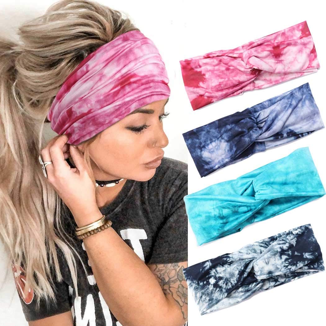 CLOACE Boho Headbands Criss Cross Tie Dye Knotted Hair Bands Pink Elastic Turban Head Wraps Breathable Stretch Sweat Hair Scarfs for Women and Girls(Pack of 4)