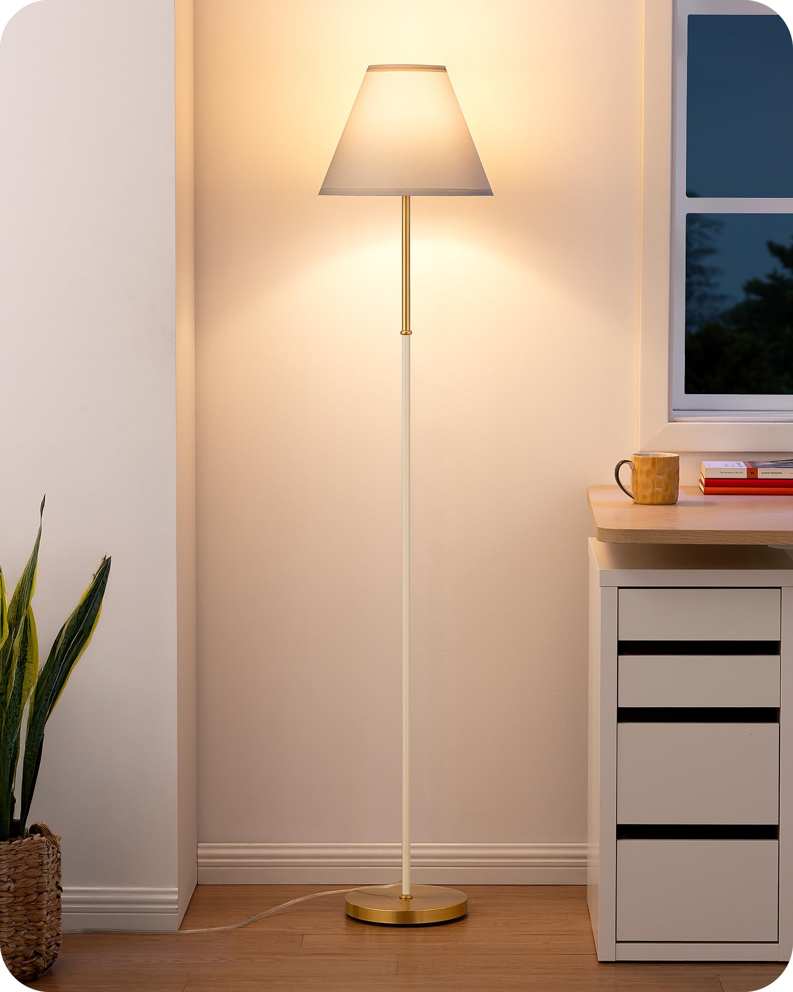 EDISHINE Lámpara de Pie Retro para Salón, Pantalla de Algodón-Lino y Estructura Metálica, Bombilla LED 2700K Incluida, Lámpara E27 para Habitación Infantil, Dormitorio y Rincón de Lectura, Blanco