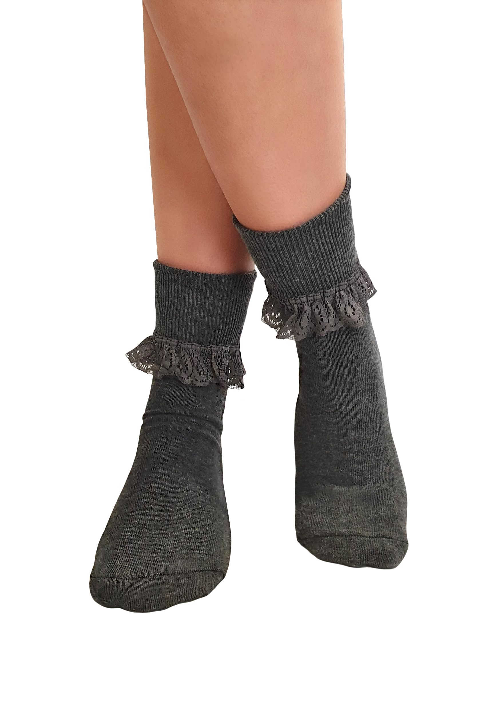 NuJake Girls Lace Frilly Ankle Socks – Cotton-Rich Crew Length, Cute School & Fashion Socks, UK 4–5.5 (Grey)
