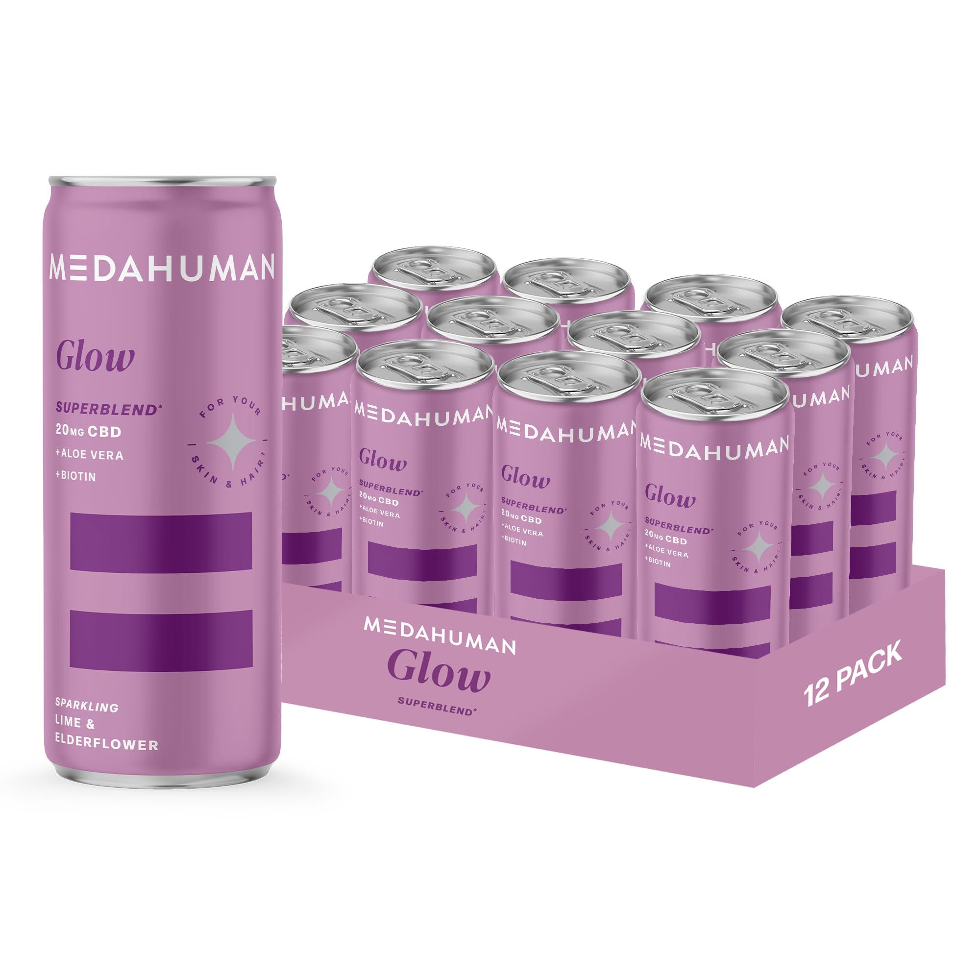 CBD Drink (20mg), Glow, Elderflower & Lime, with Aloe Vera, Vitamin C & Biotin, Low Calorie, Low Sugar, Vegan, Adaptogens & CBD Infused Fizzy Drink (Pack of 12 x 250ml)