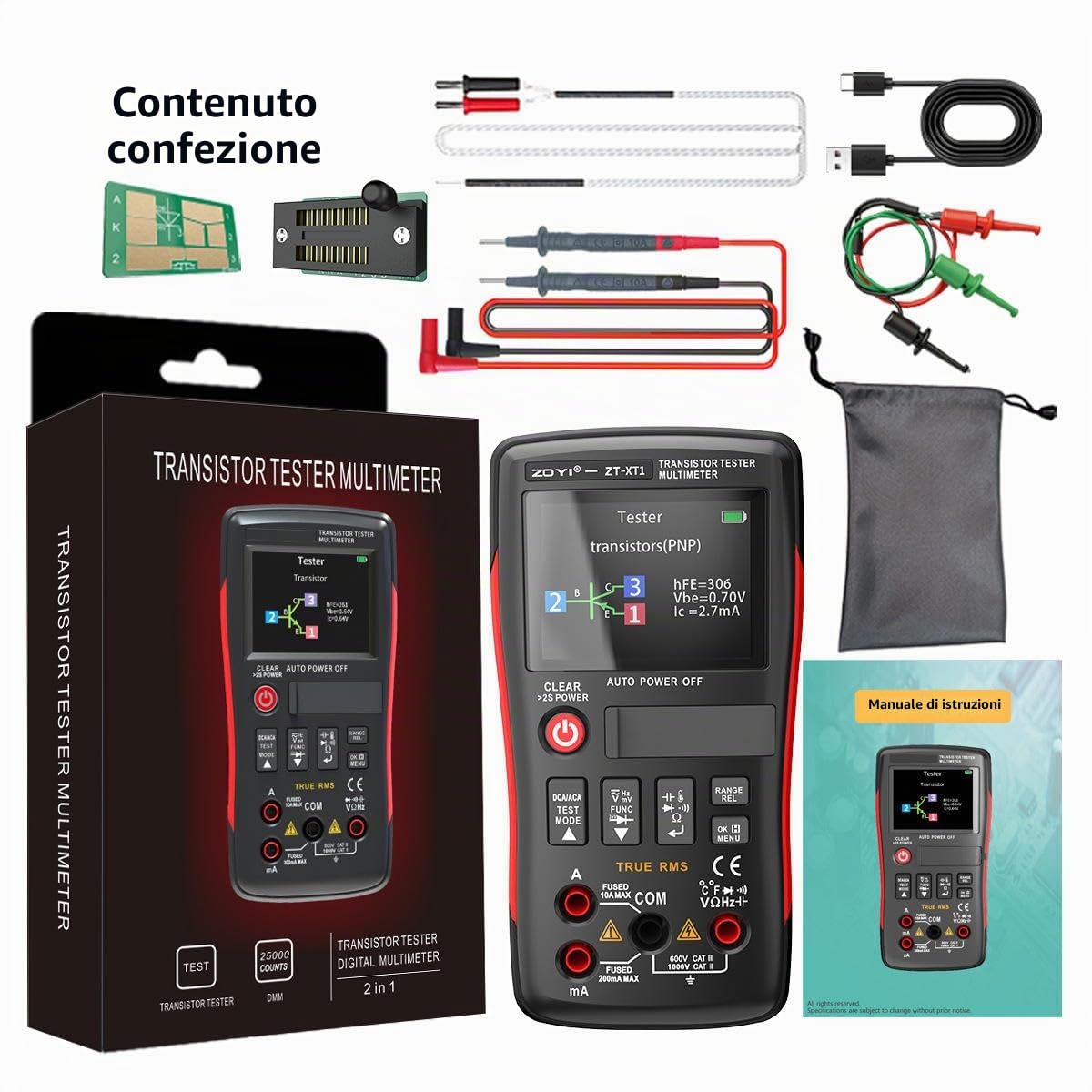 ZOYI ZT-XT1 - Multimetro digitale LCR 2 in 1 e tester transistor, per test di continuità dei diodi di resistenza alla tensione