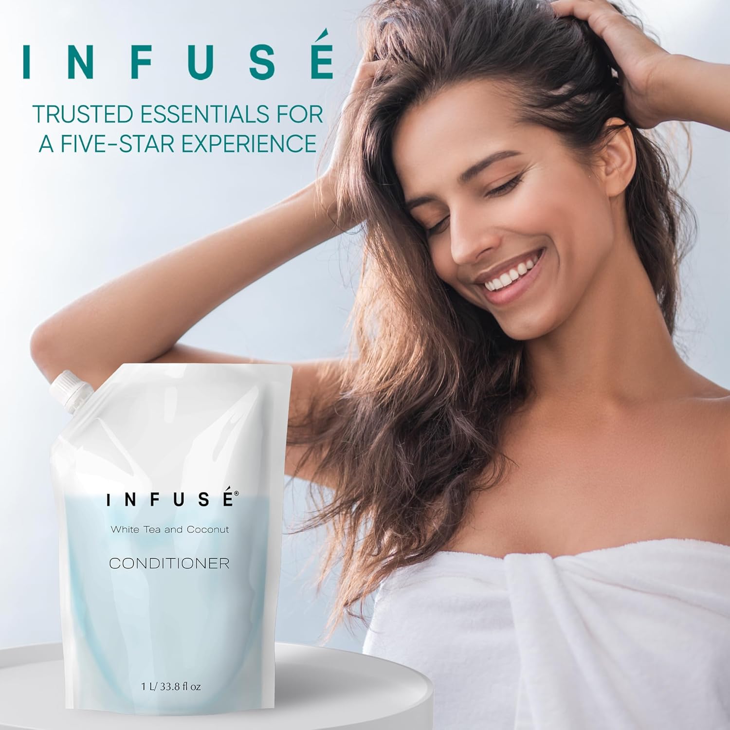 INFUS 1 Liter Conditioner Refill Bag for Soap Dispensers | Bulk Toiletries for Vacation Rentals and Home Bathroom Showers | White Tea and Coconut | Set of 12