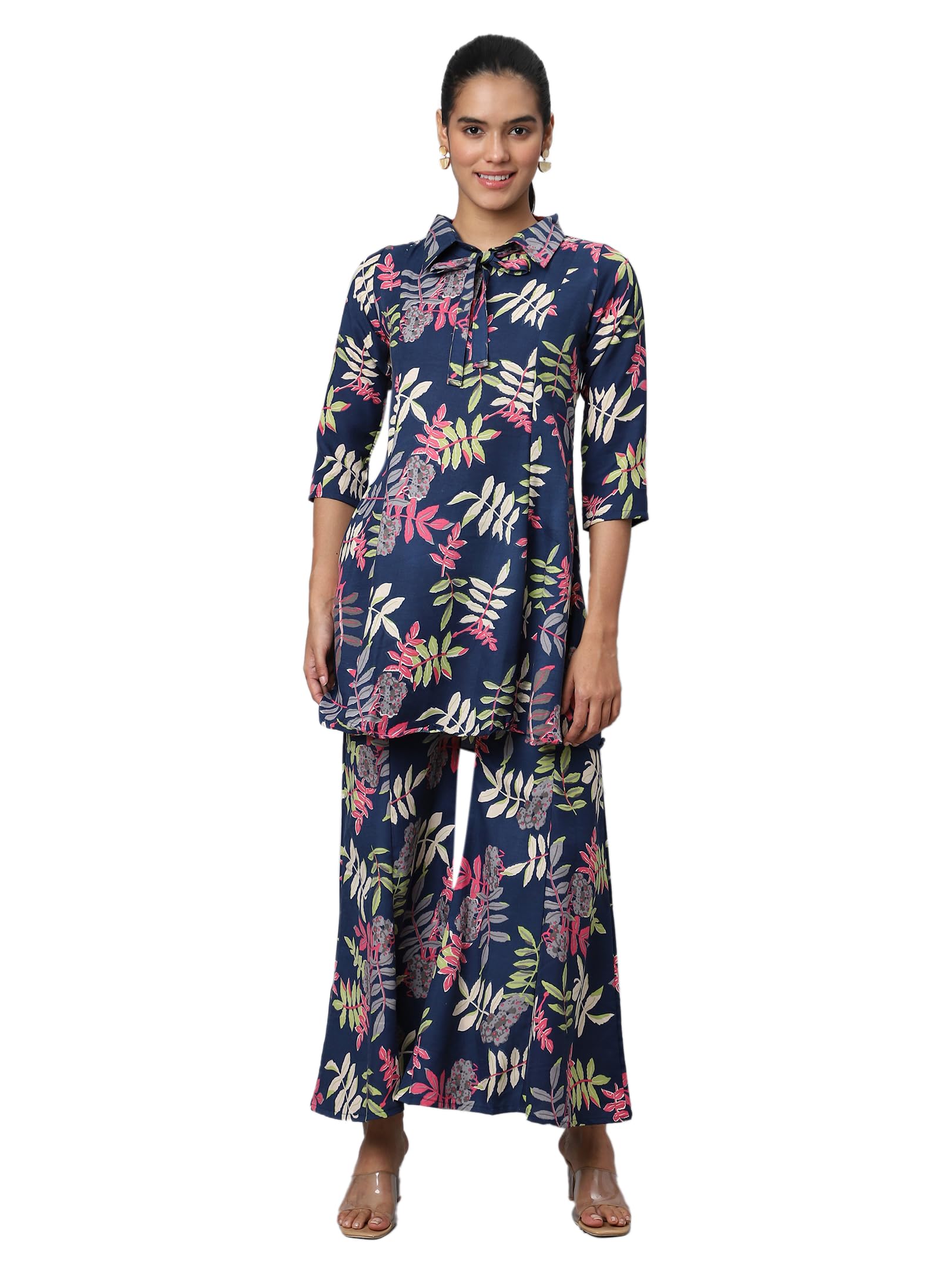 Avanova Soft Maslin Silk V Neck Co-Ords Set For Women's | Printed Shirt & Bottom Set For Women | Suit Set | Two Piece Dress (Co-Ods 84 N Blue L)