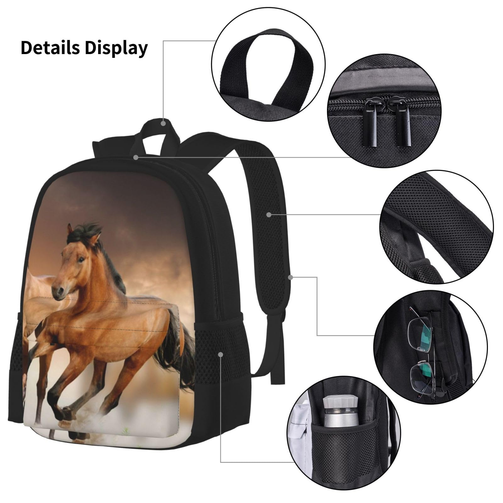 YSOLDA Juego de mochila, mochila escolar, mochila, juego de 3 piezas con bolsa de almuerzo, estuche para lápices,Impresión de caballo corriendo