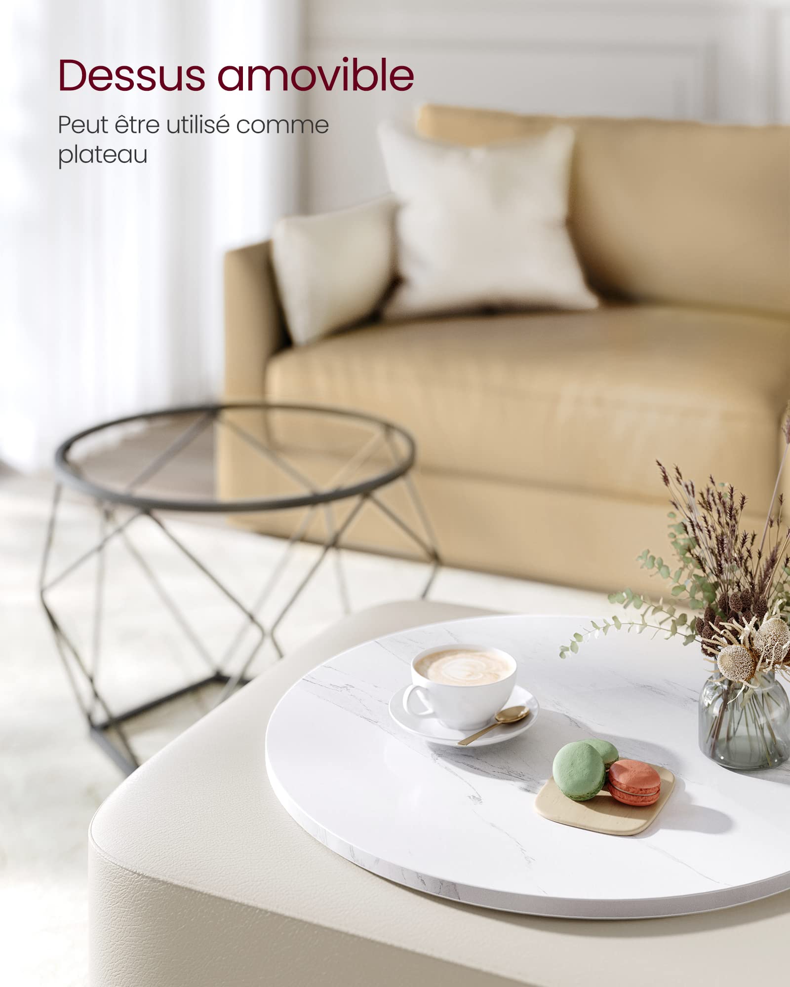 VASAGLE Table Basse Ronde, Lot de 2, Table d’Appoint, Bout de Canapé, Style Moderne, Plateau Amovible, Cadre en Acier, pour Salon, Blanc et Noir LCT041W59