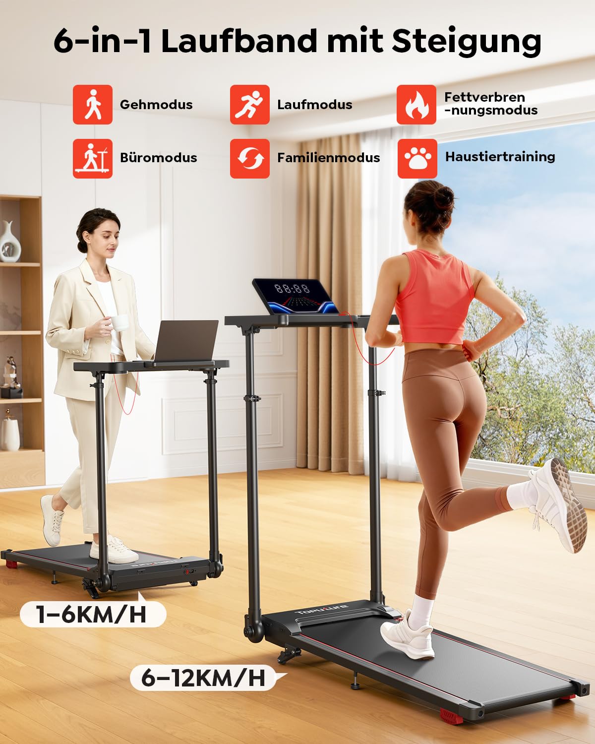 Laufband für Zuhause 12km/h, 6 IN 1 Elektrisches Laufband mit 10% Steigung, 1080MM Einziehbares Steigrohr, Controllo App, 360° Tablet Holder, 2.5HP Leiser Motor, LED Anzeige
